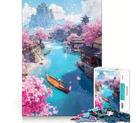Rompecabezas Sakura Fishing Village de 1000 Piezas para Adolescentes Refuerza la Memoria Diversión Relajante Bordes Lisos Lista de Deseos de Papá Noel (38x26cm)