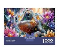 Rompecabezas Set 1000 Piezas Camaleón en Flores, Lagarto Irisante, Adultos, Cartulina Premium, Antiestrés, Descompresión, Decoración, Regalo Mujeres Hombres, 70x50cm