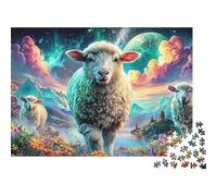 Rompecabezas Sheep Fantasy 1000 Piezas Adultos Ovejas Montañas Aurora Flores Desafiante Duro Premium Grueso Resistente Vibrante Alivio Estrés 38x26cm/1000pzs