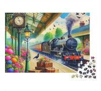 Rompecabezas Steam Train 1000 Piezas Regalo para Adultos Tren Vintage en Estación de Trenes Llena de Flores Premium Grueso Robusto Vibrante Desafiante Difícil Alivio de Estrés 70x50cm/1000pcs