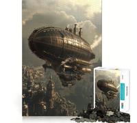 Rompecabezas Steampunk Dirigible sobre la Ciudad de 1000 Piezas para Adolescentes Juguete Estresante con Corte Afilado y Lista de Deseos de Papá Noel 38x26cm