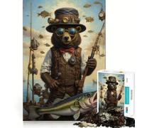 Rompecabezas Steampunk Oso Pescador para Adolescentes 1000 Piezas Juguete de Lógica Mental Antiestrés Corte Firme Regalo de Deseos de Santa Claus 50x75cm