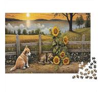 Rompecabezas SunflowerFieldDogs de 1000 Piezas Corgi Granja Girasol Puesta de Sol para Adultos Juegos educativos Decoración del hogar Difícil Desafío Cumpleaños 52x38cm Regalos