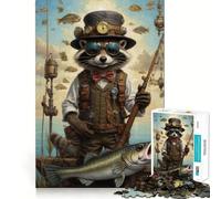 Rompecabezas Surrealista de 1000 Piezas con Mapache pescando para Adultos Rompecabezas de Memoria Disfrute del Montaje Lento de la Imagen Regalo Creativo 38x26cm