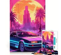 Rompecabezas Synthwave Retro Car Sunset de 1000 Piezas para Adultos Refuerza la Memoria y Alivia el estrés Pieza de Arte 38x26cm