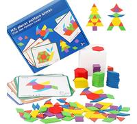 Rompecabezas Tangram de 155 Piezas, Juego de Bloques de Patrones de Madera con 12 Tarjetas de Doble Cara, Juguete Educativo a Juego con Formas para matemáticas y Creatividad tempranas |