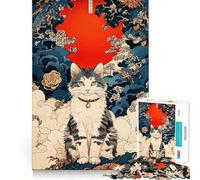 Rompecabezas Ukiyo-e con Retrato de Gato y Sol Rojo para Adolescentes,1000 Piezas,Divertido y Estimulante,con componentes Resistentes y de Corte Limpio,Ideal para Crear un Ambiente Acogedor (38x52cm)