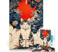 Rompecabezas Ukiyo-e de 1000 Piezas con Retrato de Gato y Sol Rojo para Adolescentes Juego Que estimula el Cerebro Encaje Huecos Actividad Relajante para Grupos en Interiores (50x75cm)