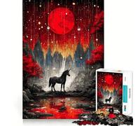 Rompecabezas Unicornio bajo una Luna roja,1000 Piezas,Juguete de construcción Focus,Ajuste Firme,Montaje Seguro,Juguete de Entretenimiento para Interiores (50x75cm)