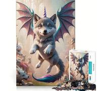 Rompecabezas Unicornio Lobo Cachorro con Alas de Dragón,1000 Piezas,Entrenamiento Mental,Diversión,Corte Limpio,Componentes Resistentes,Entretenimiento Cautivador para Interiores Acogedores (38x26cm)