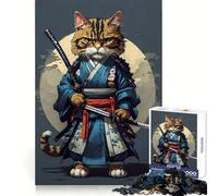 Rompecabezas Vintage de 1000 Piezas con diseño de Gato samurái Rompecabezas para Adultos Juguete Inteligente para el hogar Corte Suave Sorpresa navideña (38x26cm)