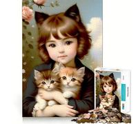 Rompecabezas Vintage de niña con Gatitos para Adolescentes,1000 Piezas,Divertido y Estimulante,con componentes Resistentes y de Corte Limpio,una Actividad entrañable para Compartir en Familia 50x75cm