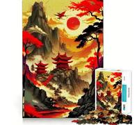 Rompecabezas Vintage japonés Red Moon de 1000 Piezas para Adolescentes Fortalece la Memoria, Calma, relaja, Bordes Suaves Un Regalo increíble (38x52cm)