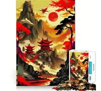 Rompecabezas Vintage japonés Red Moon de 1000 Piezas para Adolescentes Fortalece la Memoria, Calma, relaja, Bordes Suaves Un Regalo increíble (38x26cm)