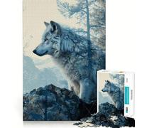 Rompecabezas White Wolf Double Exposure de 1000 Piezas para Adolescentes Juego Divertido y Entrelazado sin Huecos Actividad Nocturna Familiar para divertirse (38x52cm)