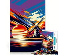 Rompecabezas Windmill Sunset WPAP Art de 1000 Piezas,diversión con la Memoria,Superficie Lisa y sin Rebabas,un desafío entretenido para el Tiempo Libre (50x75cm)