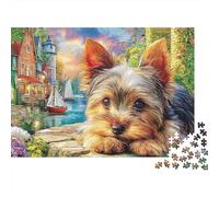 Rompecabezas Yorkie in Village 1000 Piezas Adultos Yorkshire Terrier Puerto Pueblo Duro Premium Grueso Resistente Vibrante Desafiante Alivio Estrés 52x38cm/1000pzs