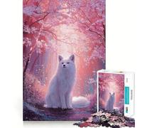 Rompecabezas Zorro Blanco en Bosque de Cerezos en Flor 1000 Piezas Juego de Concentración Mental Corte de Precisión Bordes Lisos Actividad Absorbente para Noches Tranquilas (38x52cm)