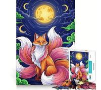 Rompecabezas Zorro de Nueve Colas Bajo la Luna para Adultos 1000 Piezas Juguete de Lógica Fina Relajante Casual Bordes Limpios Pieza de Bellas Artes (38x52cm)