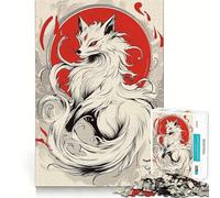 Rompecabezas Zorro Kitsune Blanco con Sol Rojo 1000 Piezas Juguete de Construcción Focus Ajuste Firme Montaje Seguro Juguete de Entretenimiento para Interiores y Vacaciones (38x26cm)
