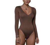 Rongseng Body Mujer Manga Larga cuello en V Bodysuit Tops Sexy Slim Fit Bodies Vestir Básico Leotardo Top Suave Cálida Camisas Lencería Elástico Shapewear Elegante Color Sólido Jumpsuit