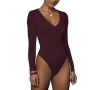 Rongseng Body Mujer Manga Larga cuello en V Bodysuit Tops Sexy Slim Fit Bodies Vestir Básico Leotardo Top Suave Cálida Camisas Lencería Elástico Shapewear Elegante Color Sólido Jumpsuit