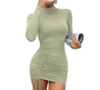 Rongseng Vestido Mujer Manga Larga Sexy Ajustado Vestidos Cuello Alto Elástico Lado Cordón Mini Vestido Elegante Informal Vestido Slim Fit Color SóLido Vestido Invierno para Fiesta Cóctel Club