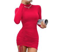 Rongseng Vestido Mujer Manga Larga Sexy Ajustado Vestidos Cuello Alto Elástico Lado Cordón Mini Vestido Elegante Informal Vestido Slim Fit Color SóLido Vestido Invierno para Fiesta Cóctel Club
