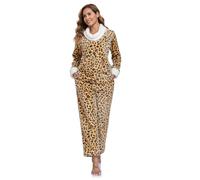 RONGTAI Conjunto de pijama de forro polar para mujer, cuello alto, estampado de leopardo, ropa de dormir térmica blanca suave con bolsillos, Marrón leopardo, Large