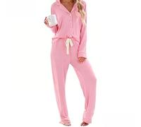 RONGTAI Pijama de mujer con cárdigan - Top de manga larga y pantalones largos - Pijama de cuello redondo unicolor - Ropa para el hogar cómoda y suave, rosa, X-Large Plus Tall