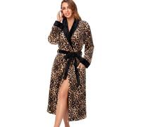 RONGTAI Womens Bathrobe Ladies Fleece Plush Warm Long Robes Fleece Nightgown Sleepwear (US, Alpha, Large, Regular, Regular, Black Leopard)