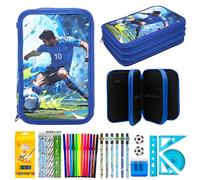 Ronronner Estuche Escolar Grande para Niños con Diseño de Fútbol, 46 Piezas Completo: Incluye 24 Lápices de Colores, Rotuladores de Acuarela, Bolígrafos de Fútbol y Accesorios, 3 Compartimentos