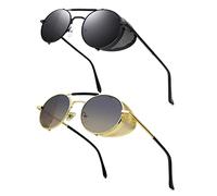 RONSOU Steampunk Estilo Redondas Vintage Gafas de Sol Retro Gafas UV400 Protección Metal Marco Negro Marco Gris Lente Dorado Marco Degradada Marrón Lente