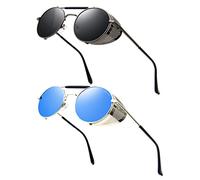 RONSOU Steampunk Estilo Redondas Vintage Gafas de Sol Retro Gafas UV400 Protección Metal Marco Negro Marco Gris Lente Plateado Marco Azul Lente