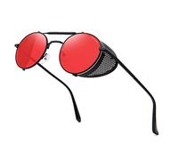 RONSOU Steampunk Estilo Redondas Vintage Gafas de Sol Retro Gafas UV400 Protección Metal Marco negro marco/Rojo lente