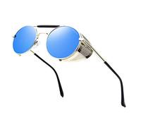 RONSOU Steampunk Estilo Redondas Vintage Gafas de Sol Retro Gafas UV400 Protección Metal Marco plateado marco/azul lente