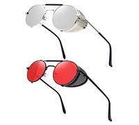 RONSOU Steampunk Estilo Redondas Vintage Gafas de Sol Retro Gafas UV400 Protección Metal Marco Plateado Marco Plateado Lente Negro Marco Rojo Lente