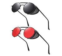 RONSOU Steampunk Estilo Redondas Vintage Polarizadas Gafas de Sol Retro Gafas UV400 Protección Metal Marco Negro Marco Gris Lente Negro Marco Rojo Lente