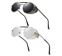 RONSOU Steampunk Estilo Redondas Vintage Polarizadas Gafas de Sol Retro UV400 Protección Metal Marco Gris Lente Plateado