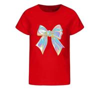 Roobeety Camiseta infantil con estampado de lazo iridiscente, camiseta informal de manga corta para niñas para verano y tiempo libre en un bonito estilo, Style#o04 Rojo, 5-6 años