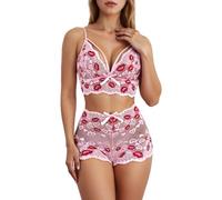 Roobeety Conjunto de lencería para mujer con bordado de labios - Conjunto de ropa interior de dos piezas de malla transparente | Bralette y Shorty con divertido diseño de boca de beso, Estilo#i01 Rosa