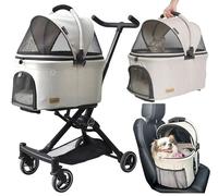 ROODO Cochecito para perros 3 en 1, plegable, ligero, para perros pequeños, cochecito para gatos con transportador desmontable y asiento de coche, el mejor equipo de viaje para mascotas, cochecito