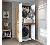 ROOMART Armario de lavadora Dora para secadora y lavadora, 4 colores, con puertas y tabla extensible (roble blanco)