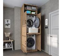 ROOMART Armario para secadora y lavadora Dora, en 4 colores, con puertas y bandeja corredera (Roble - 230 cm de alto -)