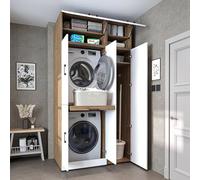 ROOMART Dora - Armario de lavadora y secadora, con puertas y panel deslizante, 4 colores (color blanco, roble blanco, roble antracita y roble) Roble, 230 cm de alto