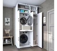 ROOMART Dora - Armario de lavadora y secadora, con puertas y panel deslizante, 4 colores (color blanco, roble blanco, roble antracita y roble) Blanco, 230 cm de alto