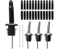 Roosea Vertedor de Acero Inoxidable Set, 4 Piezas Vertedor de Vino, con 24 Piezas Tapas para Vertedor y 2 Piezas Cepillos, Vertedores Boquilla Cónica para Aguardiente Bebidas Vinagre Aceite
