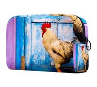 Rooster at The Wooden Door - Bolsa de cosméticos para mujer, neceser de viaje, bolsa organizadora de maquillaje grande con cremallera, multicolor, 18.5x7.5x13cm/7.3x3x5.1in, Neceser