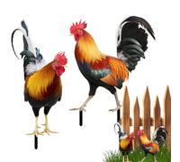 Rooster Garden Stakes Set of 2 | Iron Metal 25x10.8cm & 21.2x16.7cm, Realistic Farmyard Chicken Yard Decor, Outdoor Garden Art Stakes, Patio Lawn Ornament for Home Landscaping