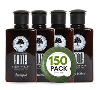 Roots Aromatherapy Juego de jabones y artículos de tocador de hotel de té de eucalipto, champú y acondicionador, gel de baño, loción corporal y jabón de barra, tamaño de viaje, paquete de 150 unidades